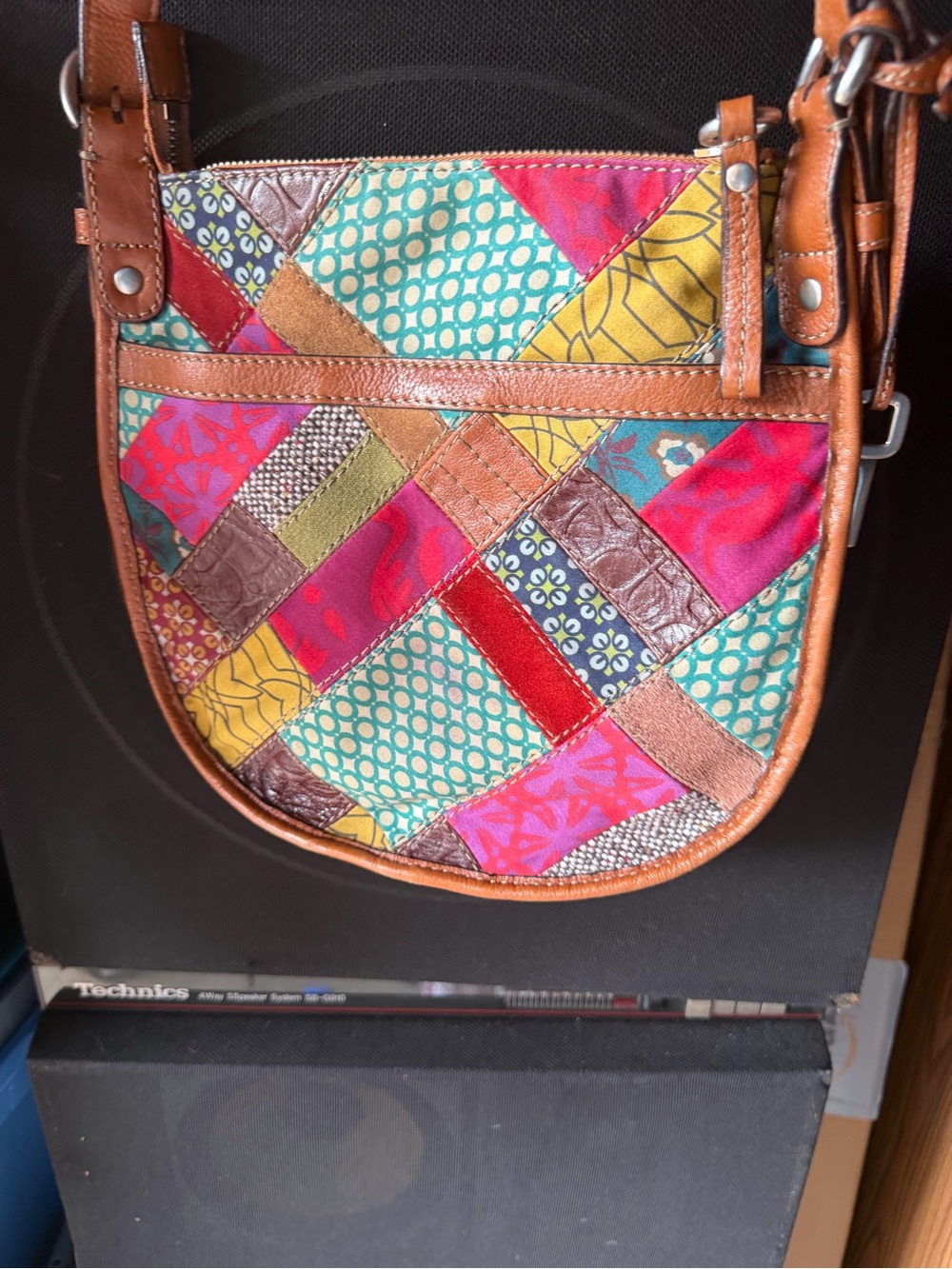 Fossil Multicolor Patchwork Crossbody with Tan Leather Trim